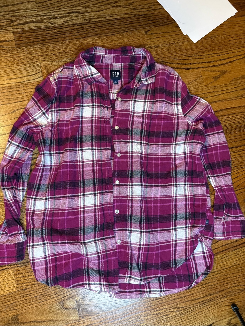 GAP Women’s Magenta and White Plaid Button-Down Shirt
